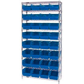 Quantum WR9-208 Chrome Wire Shelving with 32 6""H Plastic Shelf Bins Blue 36x18x74