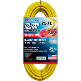 U.S. Wire 73025 25 Ft. Three Conductor Yellow Temp-Flex Lighted Plug Cord 14/3 Ga. 300V 15A