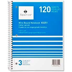 Sparco™ 3-Subject Notebook 8"" x 10-1/2"" Wide Ruled Bright White 120 Sheets/Pad