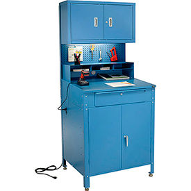 Global Industrial™ Cabinet Shop Desk w/ Pegboard & Upper Cabinet 34-1/2""W x 30""D Blue