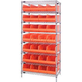 Quantum WR8-443 Chrome Wire Shelving with 28 SSB443 Stackable Shelf Bins Orange 36x14x74