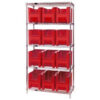 Quantum WR5-600 Chrome Wire Shelving With 12 Giant Hopper Bins Red 18x36x74