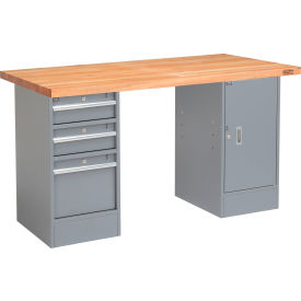 Global Industrial™ 60 x 24 Pedestal Workbench - 3 Drawers & 1 Cabinet Maple Square Edge - Gray