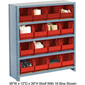 Global Industrial™ Steel Closed Shelving with 15 Red Plastic Stacking Bins 6 Shelves - 36x12x39