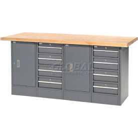Global Industrial™ Workbench w/ Maple Square Edge Top 8 Drawers & 2 Cabinets 72""Wx24""D Gray