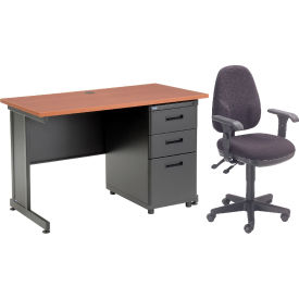 Interion® Office Desk and Fabric Chair Bundle with 3 Drawer Pedestal - 48"" x 24"" - Cherry