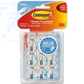 3M Command™ Clear Hooks & Strips Plastic/Wire Small 9 Hooks w/12 Adhesive Strips per Pack