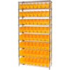 Quantum WR9-205 Chrome Wire Shelving with 64 6""H Plastic Shelf Bins Yellow 36x24x74