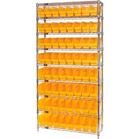 Quantum WR9-205 Chrome Wire Shelving with 64 6""H Plastic Shelf Bins Yellow 36x24x74