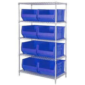 Quantum WR5-975 Chrome wire Shelving With 8 30""D Hopper Bins Blue 30x42x74