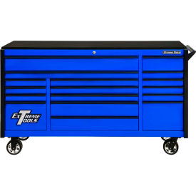 Extreme Tools DX722117RCBLBK 72""W x 21""D 17 Drawer Blue W/Black Pulls Triple Bank Roller Cabinet