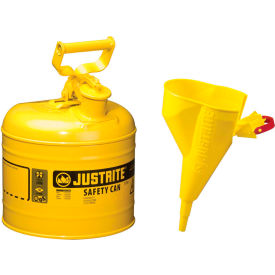 Justrite® Type I Steel Safety Can With Funnel 2 Gallon (7.5L) Self-Close Lid Yellow 7120210