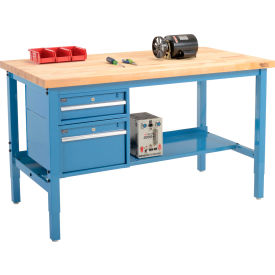 Global Industrial™ 60 x 30 Production Workbench - Birch Square Edge - Drawers & Shelf - Blue