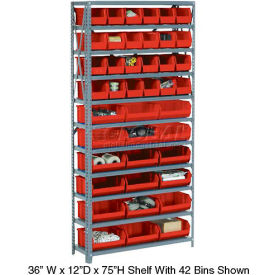 Global Industrial™ Steel Open Shelving with 36 Red Plastic Stacking Bins 10 Shelves - 36x18x73