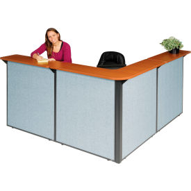 Interion® L-Shaped Reception Station 80""W x 80""D x 44""H Cherry Counter Blue Panel