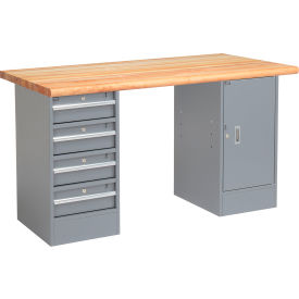 Global Industrial™ 72 X 30 Pedestal Workbench - 4 Drawers & Cabinet Maple Safety Edge - Gray