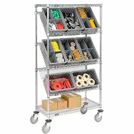 Global Industrial™ Easy Access Slant Shelf Chrome Wire Cart 8 Red Grid Containers 36Lx18Wx63H