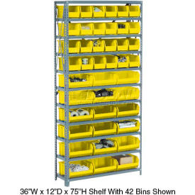 Global Industrial™ Steel Open Shelving - 36 Yellow Plastic Stacking Bins 10 Shelves - 36x18x73