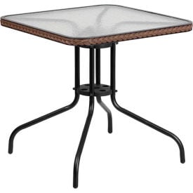 Flash Furniture 28"" Square Tempered Glass Metal Table with Dark Brown Rattan Edging