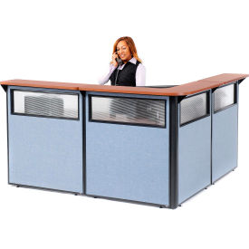 Interion® L-Shaped Reception Station w/Window 80""W x 80""D x 44""H Cherry Counter Blue Panel