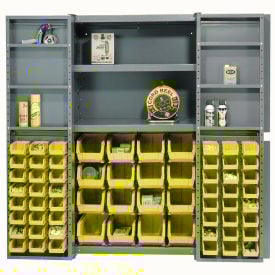 Global Industrial™ Bin Cabinet Deep Door 64 YL Bins Shelves 16 Ga Assembled Cabinet 38x24x72