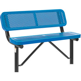 Global Industrial™ 4' Outdoor Steel Bench w/ Backrest Perforated Metal In Ground Mount Blue