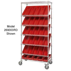 Global Industrial™ Easy Access Slant Shelf Chrome Wire Cart 18 4""H Shelf Bins Red 36Lx18Wx74H