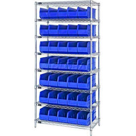Quantum WR8-441 Chrome Wire Shelving with 35 SSB441 Stackable Shelf Bins Blue 36x14x74