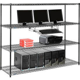 Nexel™ 4-Shelf Wire Computer LAN Workstation with Keyboard Tray 72""W x 24""D x 63""H Black