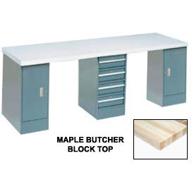 Global Industrial™ 96x30 Production Workbench Maple Square Edge Top 2 Cabinet 4 Drawer GY