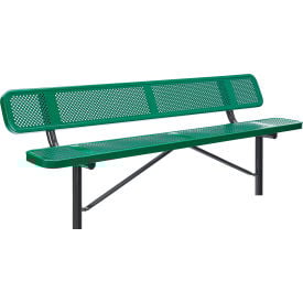 Global Industrial™ 8' Outdoor Steel Bench w/ Backrest Perforated Metal In Ground Mount Green