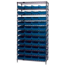 Global Industrial™ Chrome Wire Shelving with 44 4""H Plastic Shelf Bins Blue 36x24x74