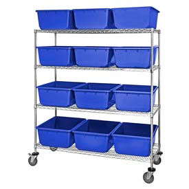 Quantum MWR4-2419-9 Mobile Chrome Wire Truck With 12 9-1/2""H Nesting Totes Blue 60""L x 24""W x 69""H
