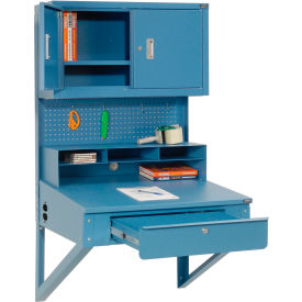 Global Industrial™ Wall Mount Shop Desk w/ Pegboard & Cabinet 34-1/2""W x 30""D Blue