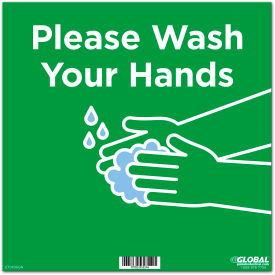 Global Industrial™ 12"" Square Please Wash Your Hands Wall Sign Green Adhesive