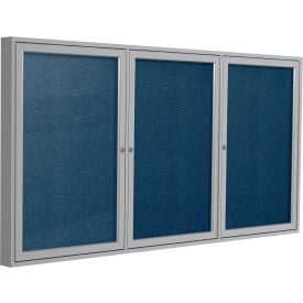 Ghent Enclosed Bulletin Board Outdoor 3 Door 96""W x 48""H Navy Vinyl/Silver Frame