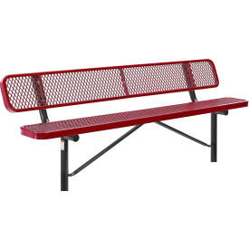 Global Industrial™ 8' Outdoor Steel Bench w/ Backrest Expanded Metal In Ground Mount Red