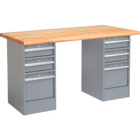 Global Industrial™ 72 x 30 Pedestal Workbench - 6 Drawers Maple Block Safety Edge - Gray