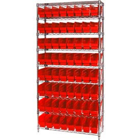 Quantum WR9-205 Chrome Wire Shelving with 64 6""H Plastic Shelf Bins Red 36x24x74