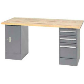 Global Industrial™ 96 x 30 Pedestal Workbench - 2 Drawers and Cabinet Maple Square Edge - Gray