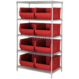 Quantum WR5-955 Chrome Wire Shelving With 8 24""D Bins Red 42x24x74