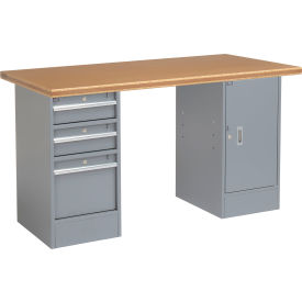 Global Industrial™ 60x30 Pedestal Workbench - 3 Drawers & 1 Cabinet Shop Top Safety Edge Gray