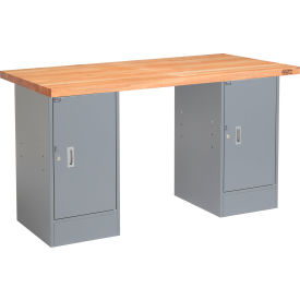 Global Industrial™ 72 x 24 Pedestal Workbench - Double Cabinet Maple Block Square Edge - Gray