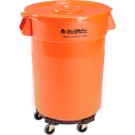 Global Industrial™ Plastic Trash Can with Lid & Dolly - 32 Gallon Bright Orange