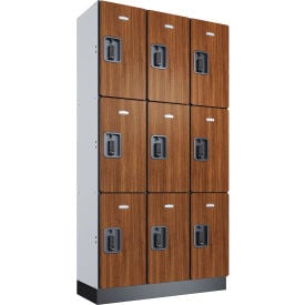 Global Industrial™ 3-Tier 9 Door Digital Wood Locker, 36"W x 15"D x 72"H, Cherry, Unassembled