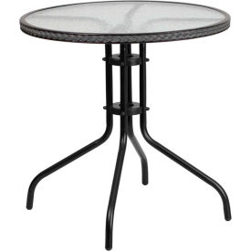 Flash Furniture 28"" Round Tempered Glass Metal Table with Gray Rattan Edging