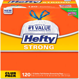 Hefty® Strong Tall Kitchen Drawstring Bags 13 Gal 0.9 mil White 120/Box