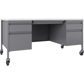 Lorell Fortress Steel Mobile Teachers Desk - 60"" x 30"" - White/Platinum