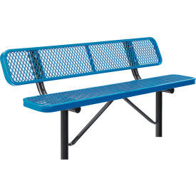 Global Industrial™ 6' Outdoor Steel Bench w/ Backrest Expanded Metal In Ground Mount Blue