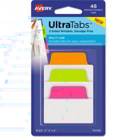 Avery® Ultra Tabs Repositionable Tabs 2"" x 1-1/2"" Neon Green Orange Pink 48/Pack